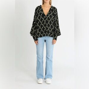 GANNI Margarita Printed Crepe Long Sleeve Shirt NWT